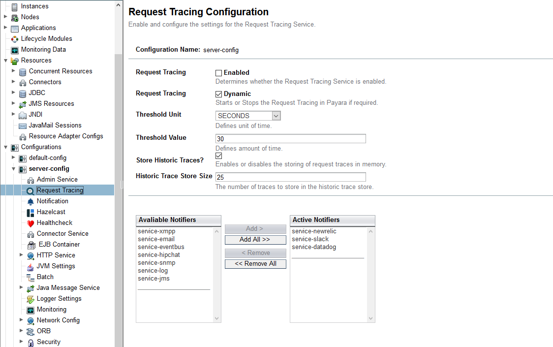 Request Tracing Configuration in the Admin Console